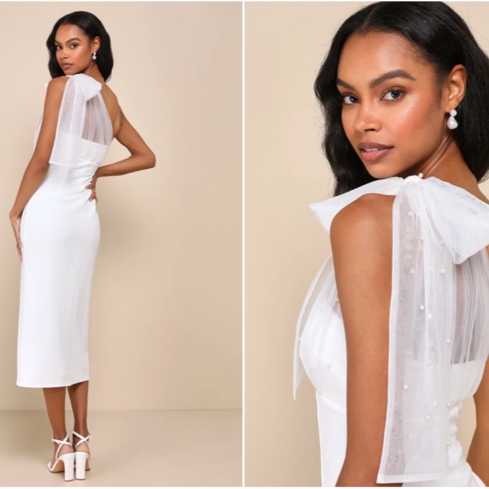 LULU's Wedding Engagement Bridal Chic One Shoulder Pearls Midi Dress NWOT